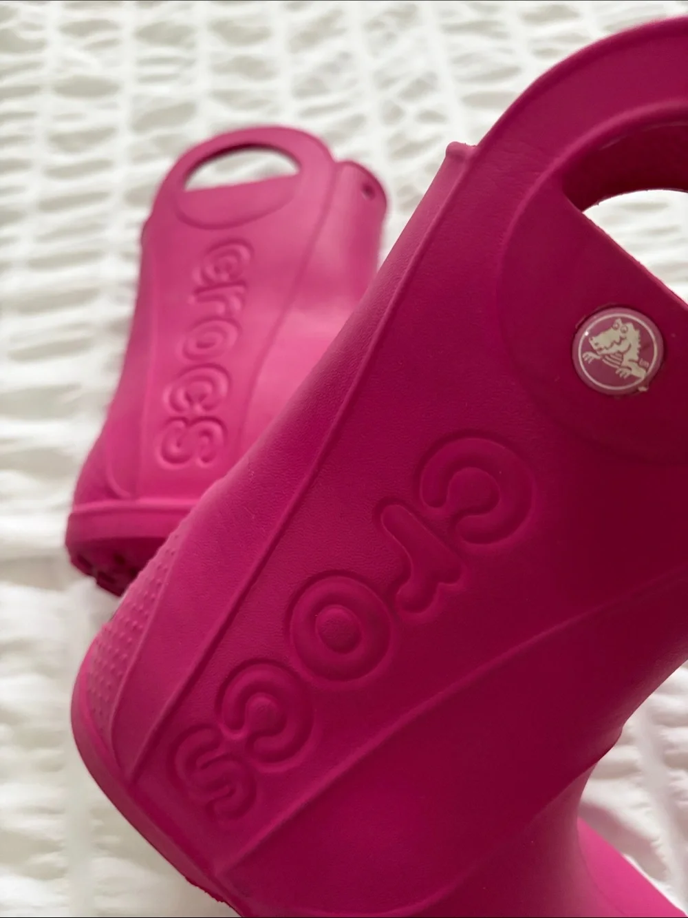 CROCS Rain Boots -Kids Bright Fuchsia Waterproof with Pull Handles. Fun for play